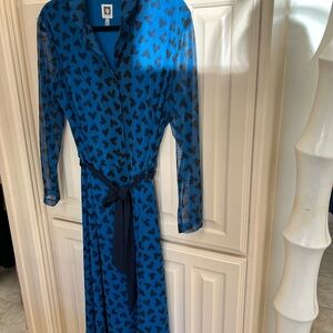 Anne Klein Sheer sleeved Blue and Black Patterned Dress, Fully lined, tie waist